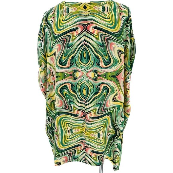 UMGEE U.S.A. Bat-Wing Shift Dress Size S/M Green & Yellow Marble Swirl Kaftan - Picture 2 of 10